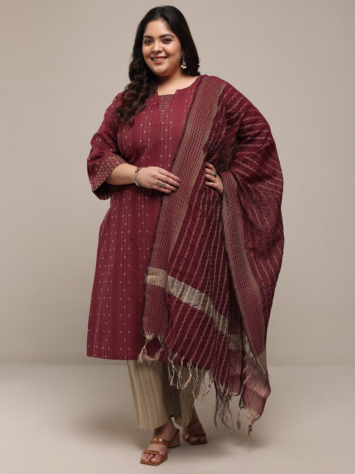 Plus Size Rust Woven Design Cotton Blend Straight Suit Set With Dupatta