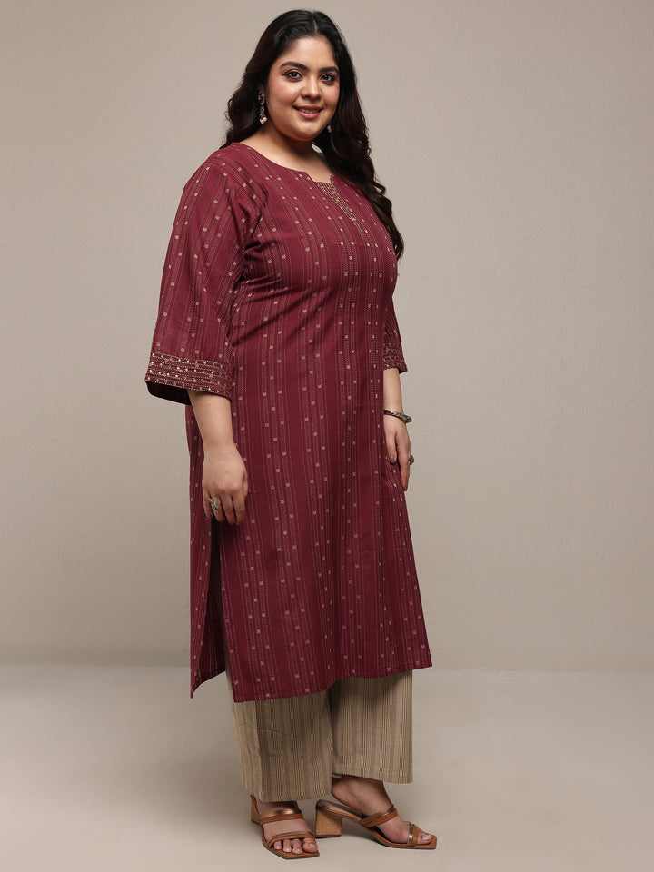 Plus Size Rust Woven Design Cotton Blend Straight Suit Set With Dupatta