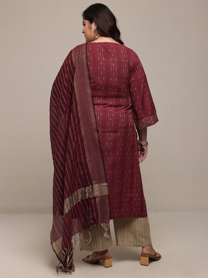 Plus Size Rust Woven Design Cotton Blend Straight Suit Set With Dupatta