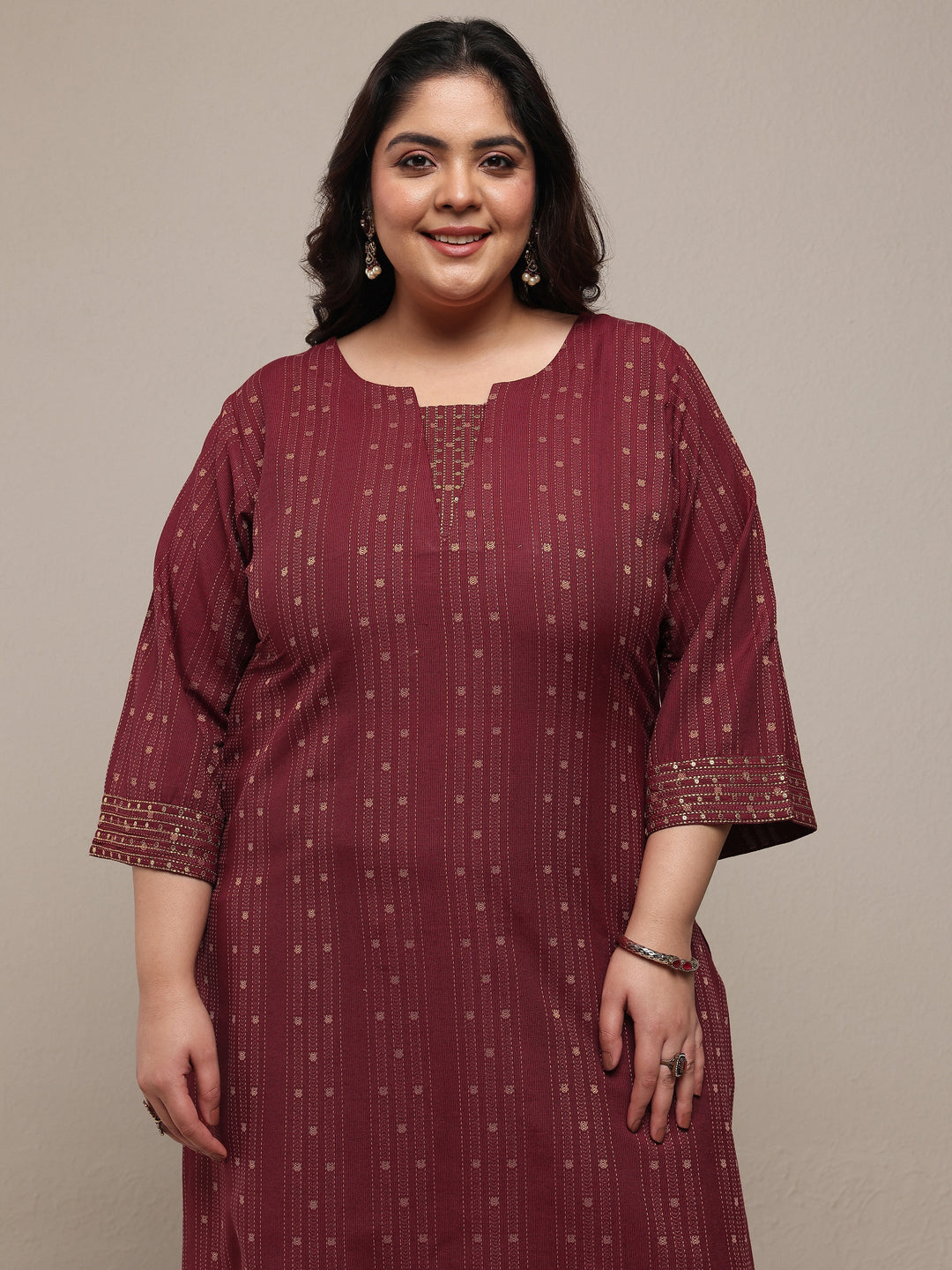 Plus Size Rust Woven Design Cotton Blend Straight Suit Set With Dupatta