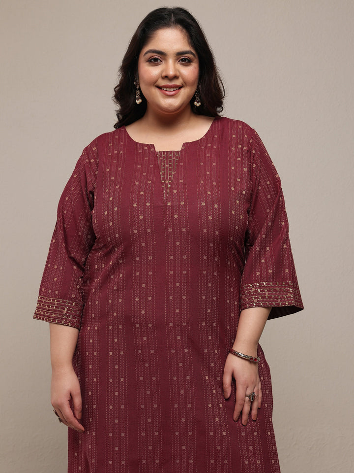 Plus Size Rust Woven Design Cotton Blend Straight Suit Set With Dupatta