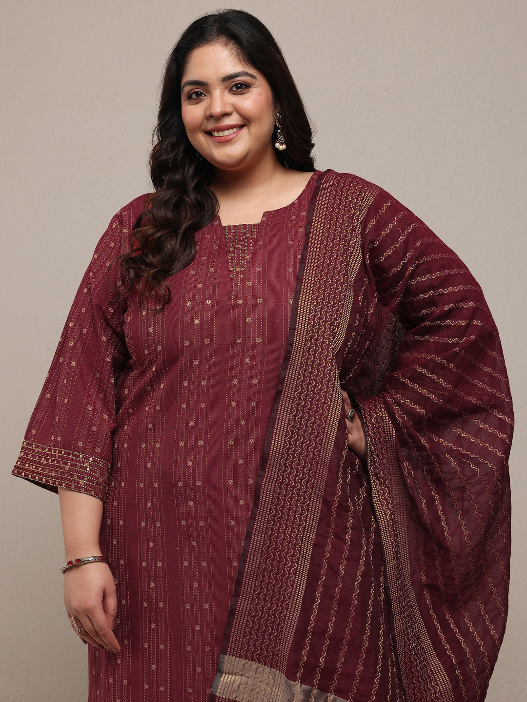Plus Size Rust Woven Design Cotton Blend Straight Suit Set With Dupatta