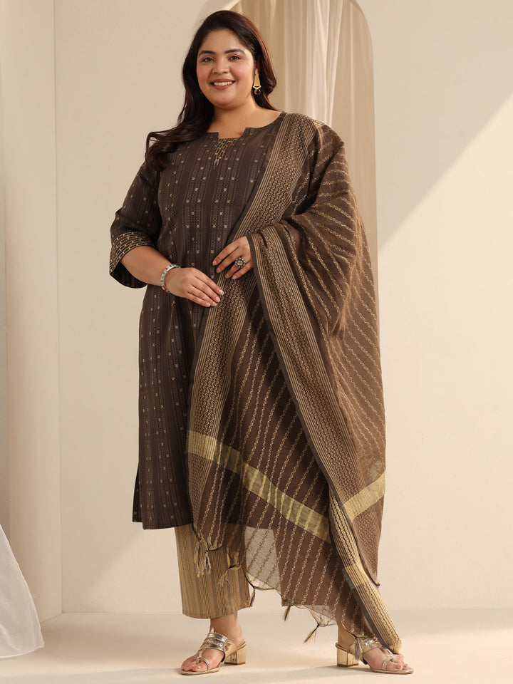 Plus Size Brown Woven Design Cotton Blend Straight Suit Set With Dupatta