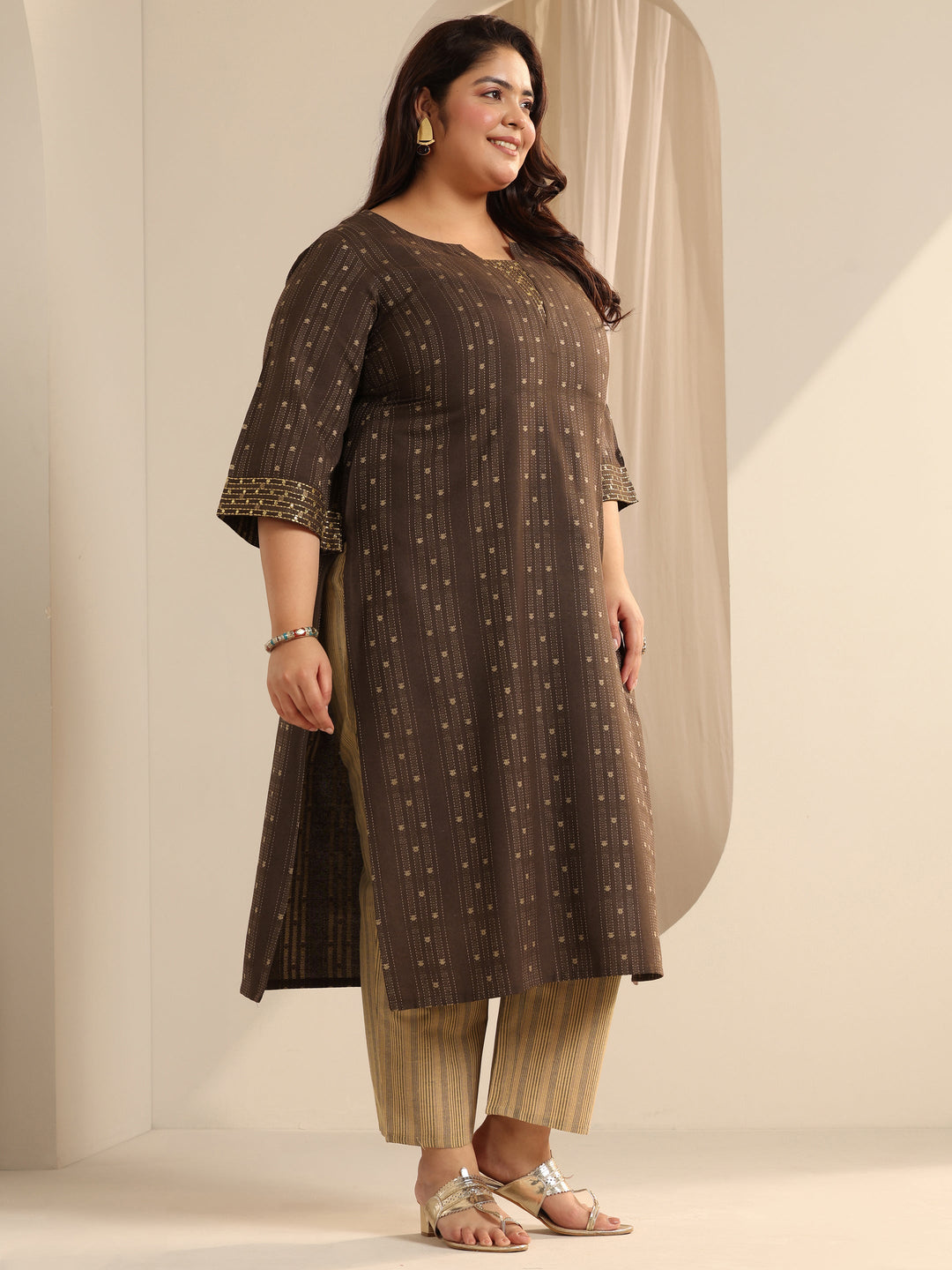 Plus Size Brown Woven Design Cotton Blend Straight Suit Set With Dupatta