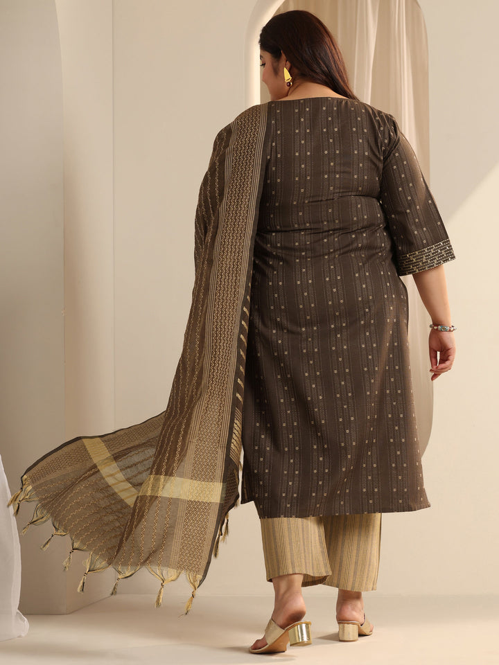 Plus Size Brown Woven Design Cotton Blend Straight Suit Set With Dupatta