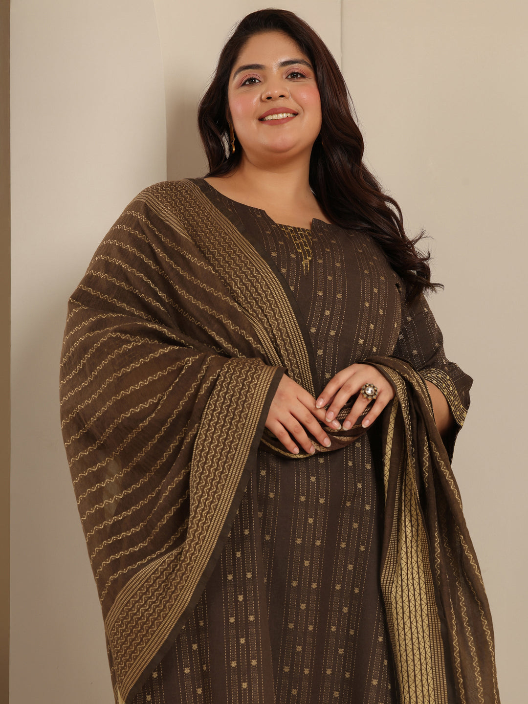 Plus Size Brown Woven Design Cotton Blend Straight Suit Set With Dupatta