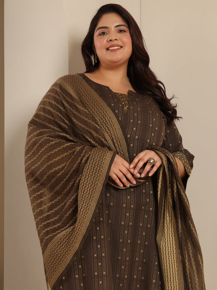 Plus Size Brown Woven Design Cotton Blend Straight Suit Set With Dupatta