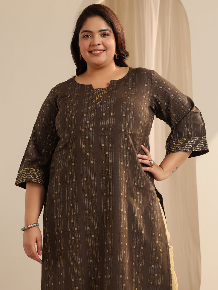 Plus Size Brown Woven Design Cotton Blend Straight Suit Set With Dupatta