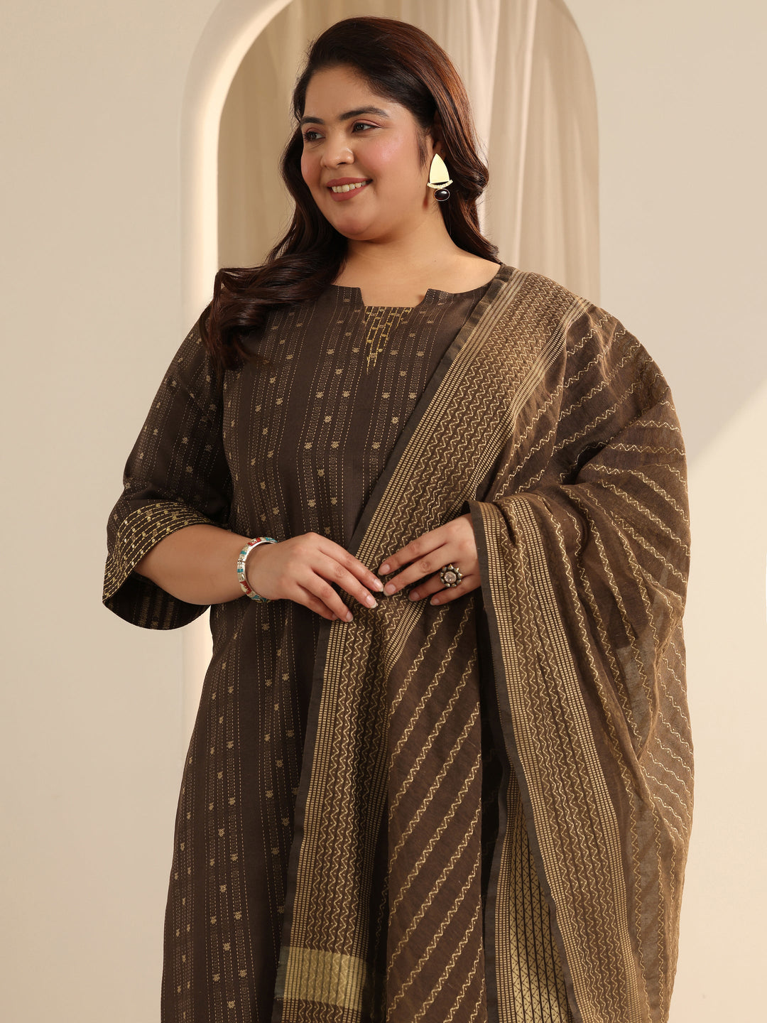 Plus Size Brown Woven Design Cotton Blend Straight Suit Set With Dupatta