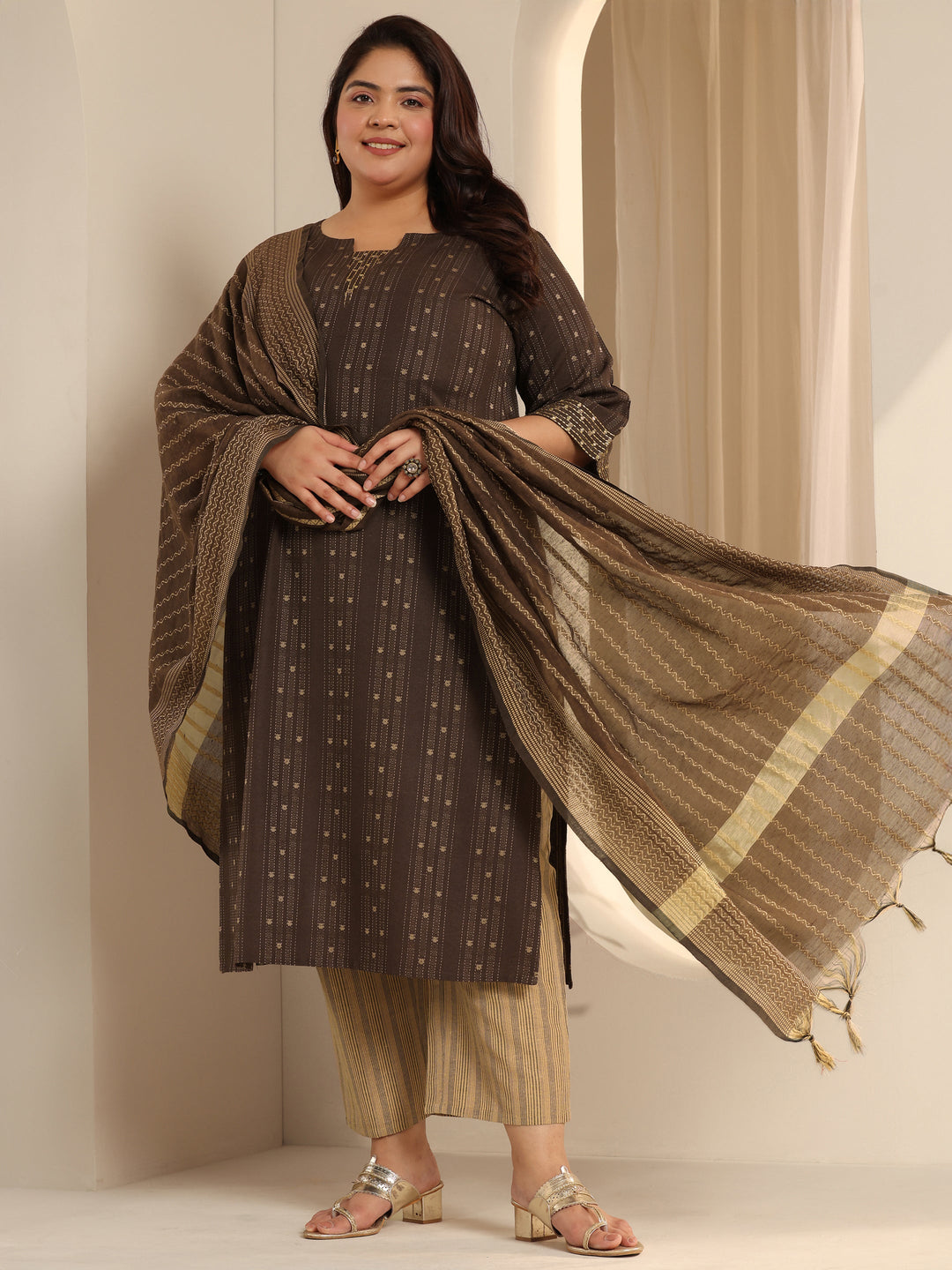 Plus Size Brown Woven Design Cotton Blend Straight Suit Set With Dupatta