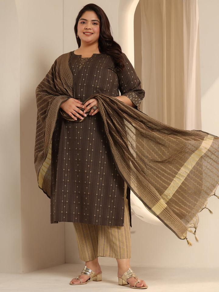Plus Size Brown Woven Design Cotton Blend Straight Suit Set With Dupatta
