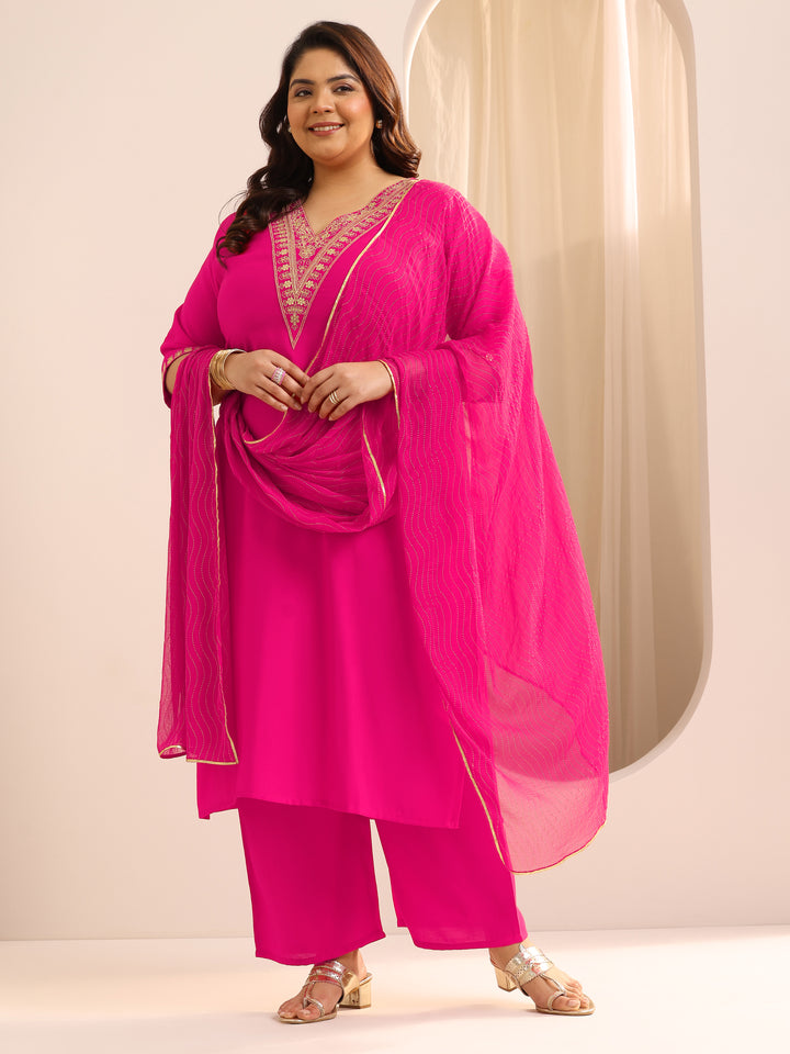 Plus Size Pink Yoke Design Silk Blend Straight Suit Set With Dupatta