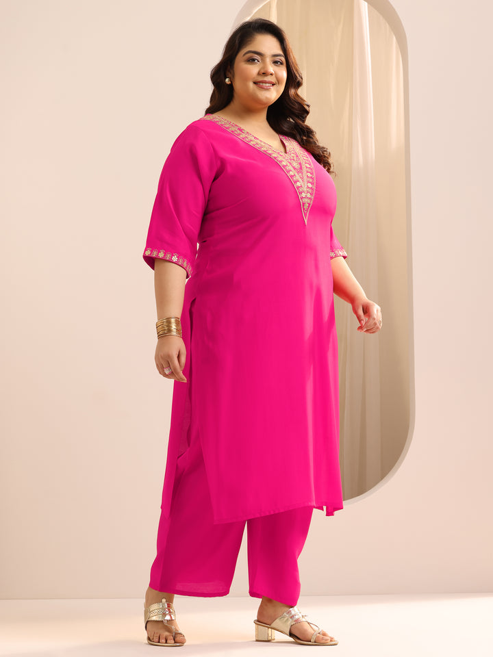 Plus Size Pink Yoke Design Silk Blend Straight Suit Set With Dupatta