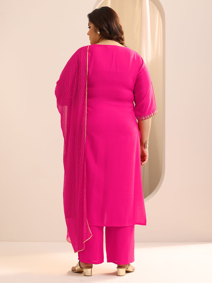 Plus Size Pink Yoke Design Silk Blend Straight Suit Set With Dupatta