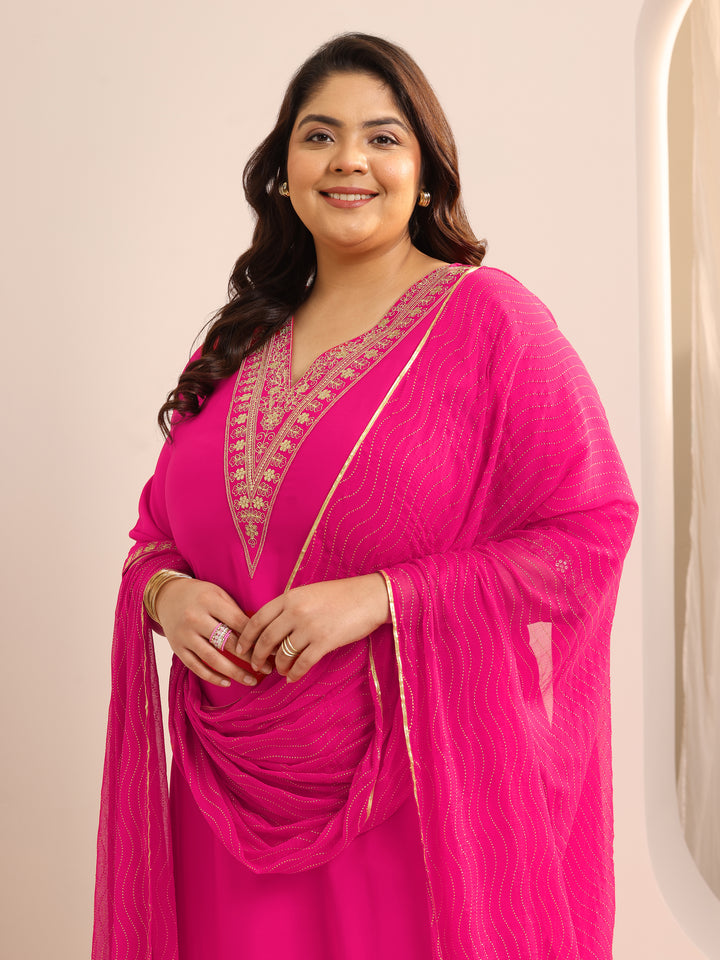 Plus Size Pink Yoke Design Silk Blend Straight Suit Set With Dupatta