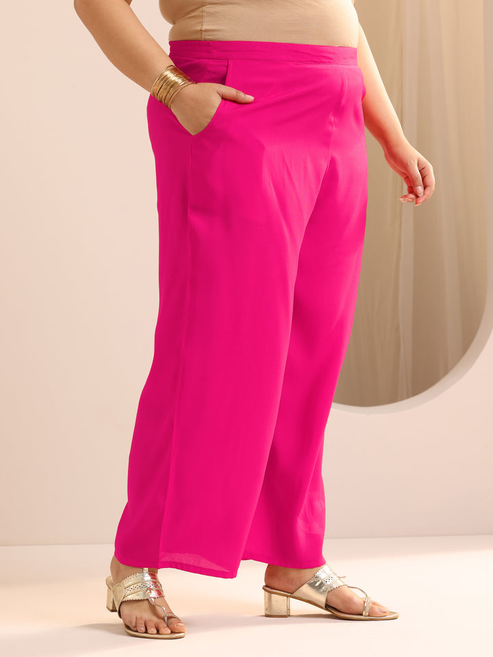 Plus Size Pink Yoke Design Silk Blend Straight Suit Set With Dupatta