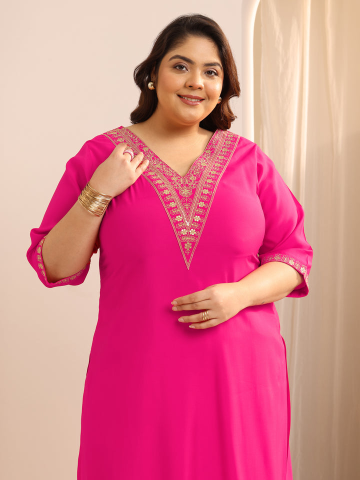 Plus Size Pink Yoke Design Silk Blend Straight Suit Set With Dupatta