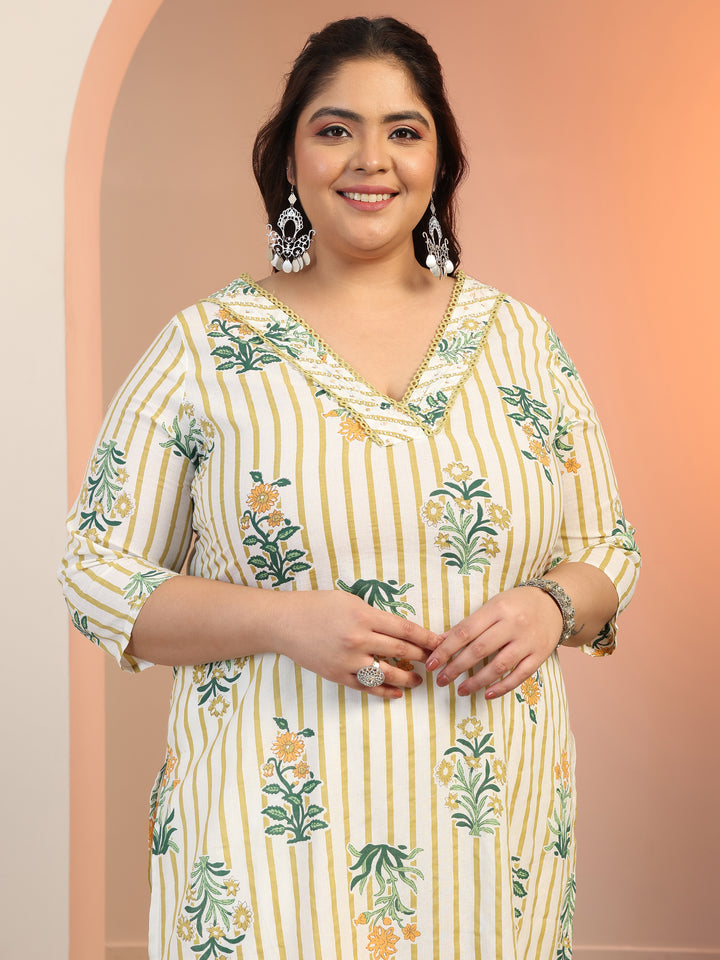 Plus Size Off White Printed Cotton Straight Suit Set With Dupatta