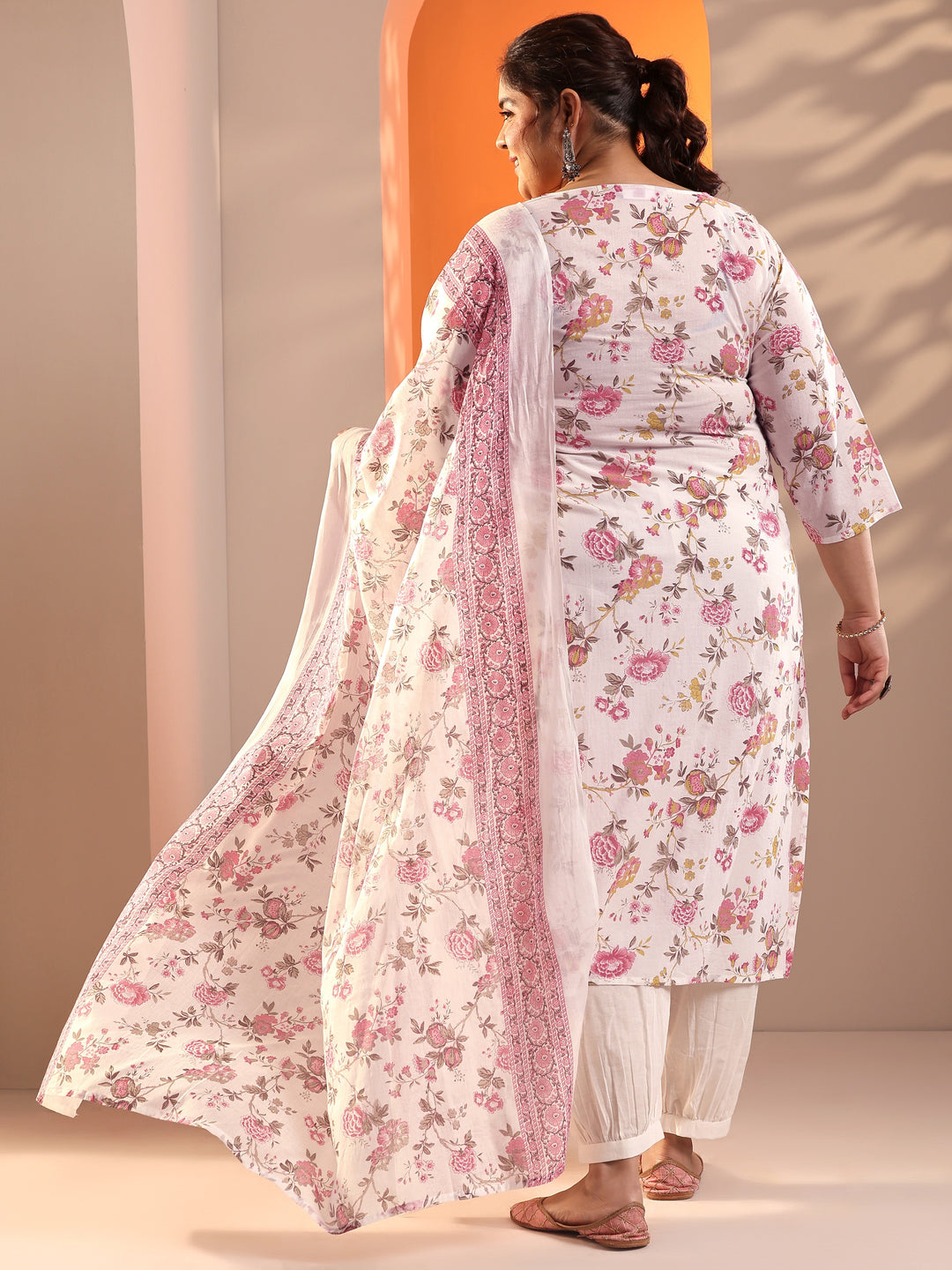 Plus Size Off White Floral Printed Cotton Straight Suit Set With Dupatta