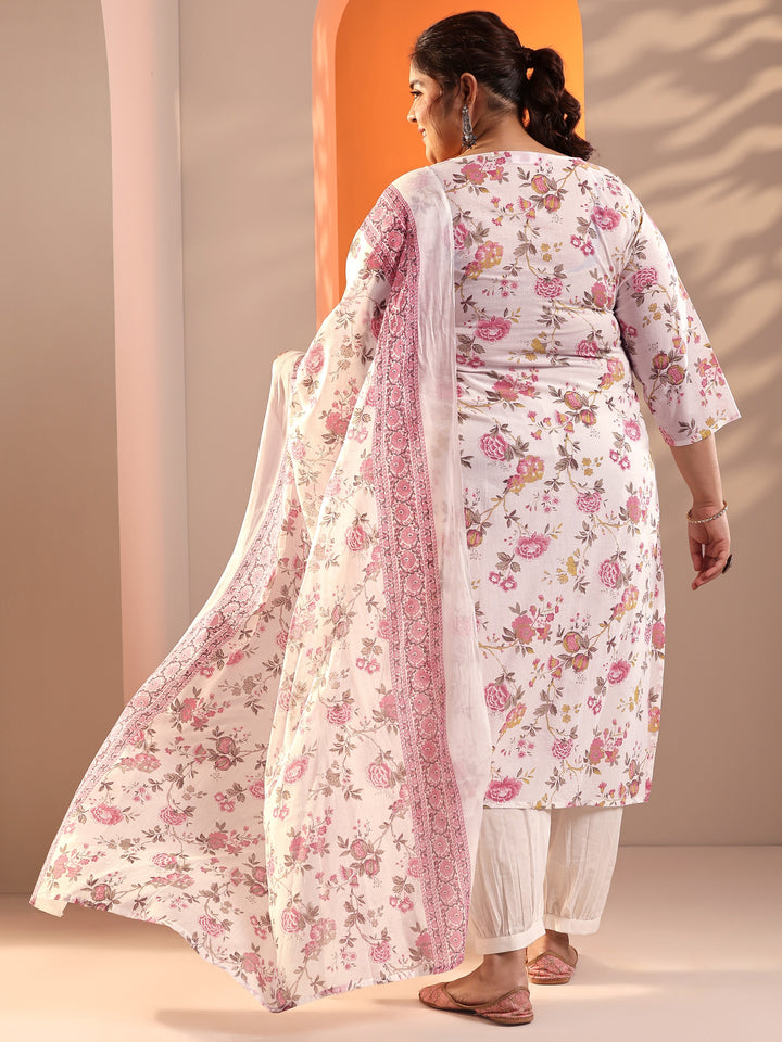 Plus Size Off White Floral Printed Cotton Straight Suit Set With Dupatta