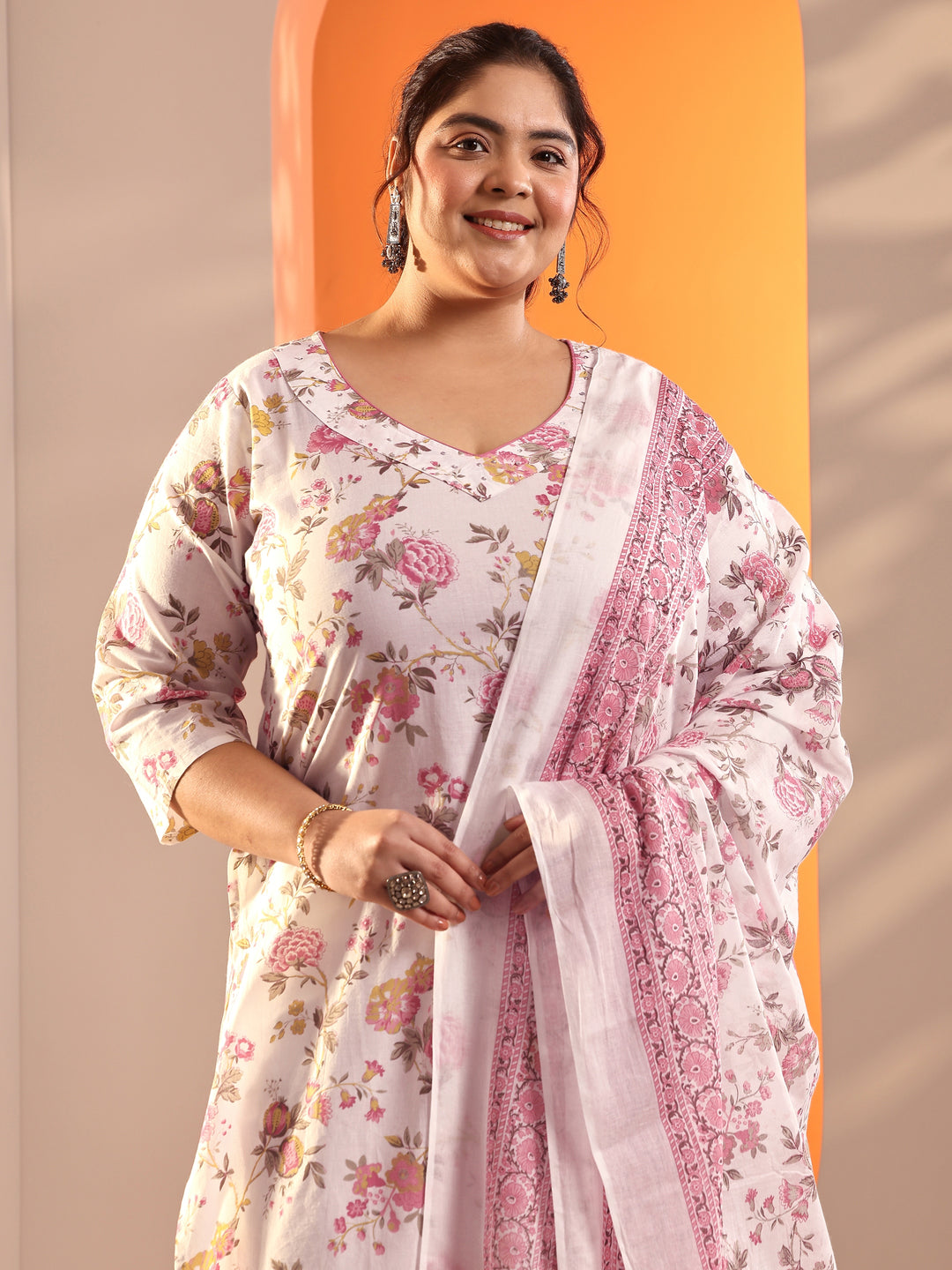 Plus Size Off White Floral Printed Cotton Straight Suit Set With Dupatta