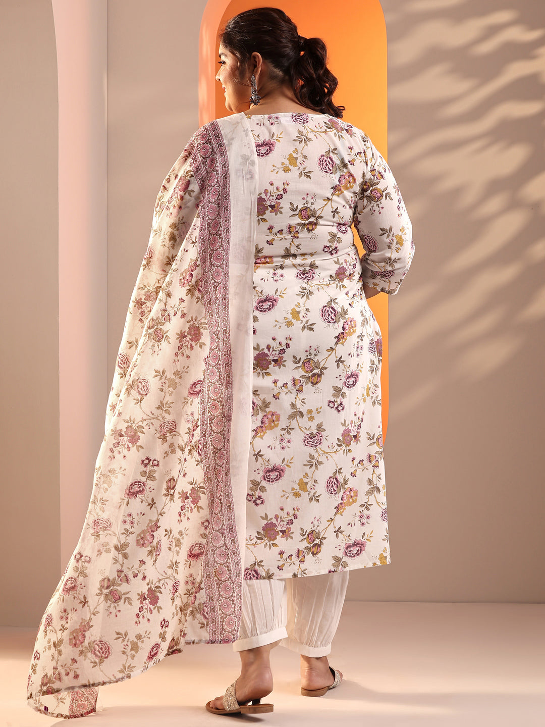 Plus Size Off White Floral Printed Cotton Straight Suit Set With Dupatta