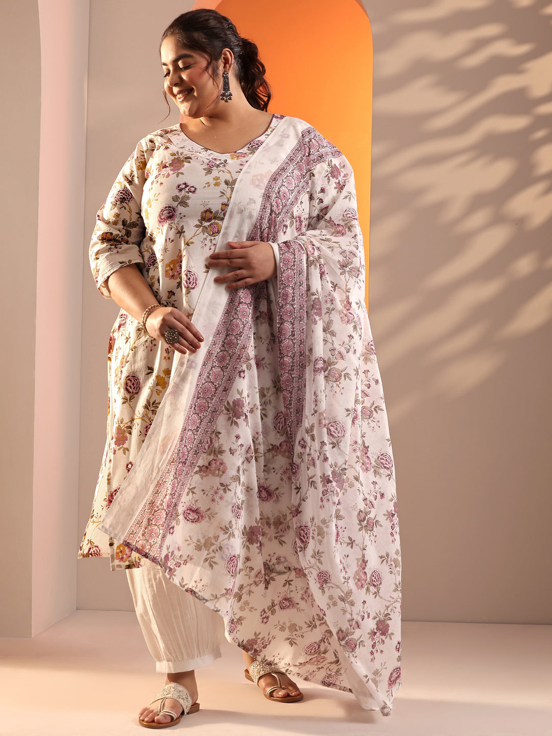 Plus Size Off White Floral Printed Cotton Straight Suit Set With Dupatta
