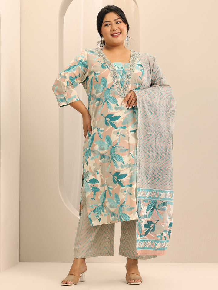 Plus Size Off White Printed Cotton Straight Suit Set With Dupatta