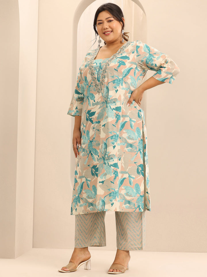 Plus Size Off White Printed Cotton Straight Suit Set With Dupatta