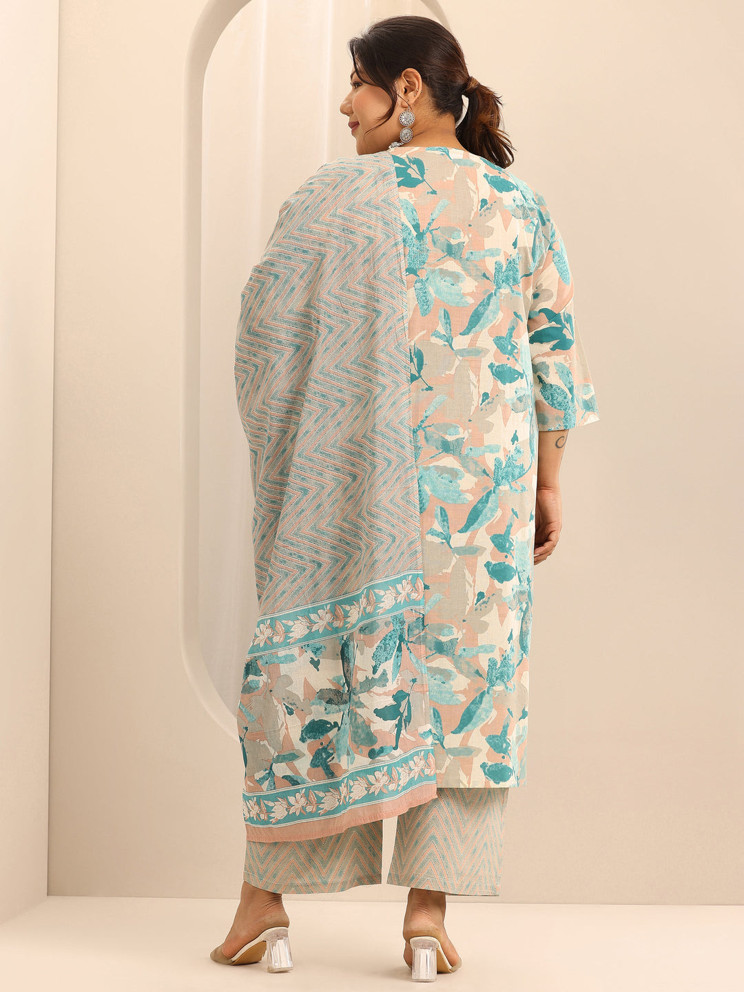 Plus Size Off White Printed Cotton Straight Suit Set With Dupatta