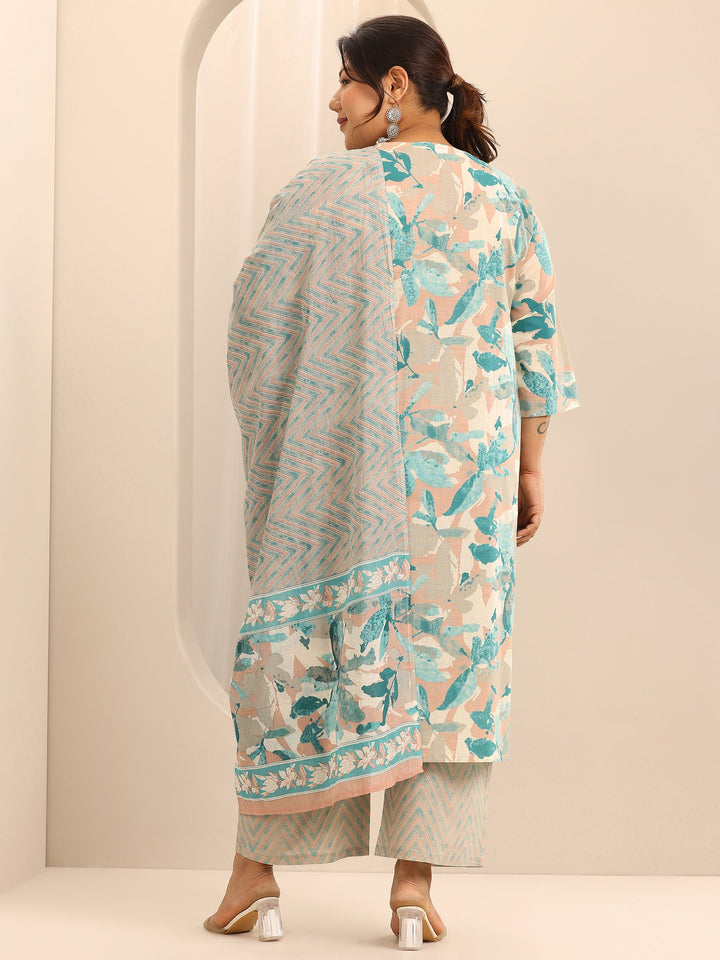 Plus Size Off White Printed Cotton Straight Suit Set With Dupatta