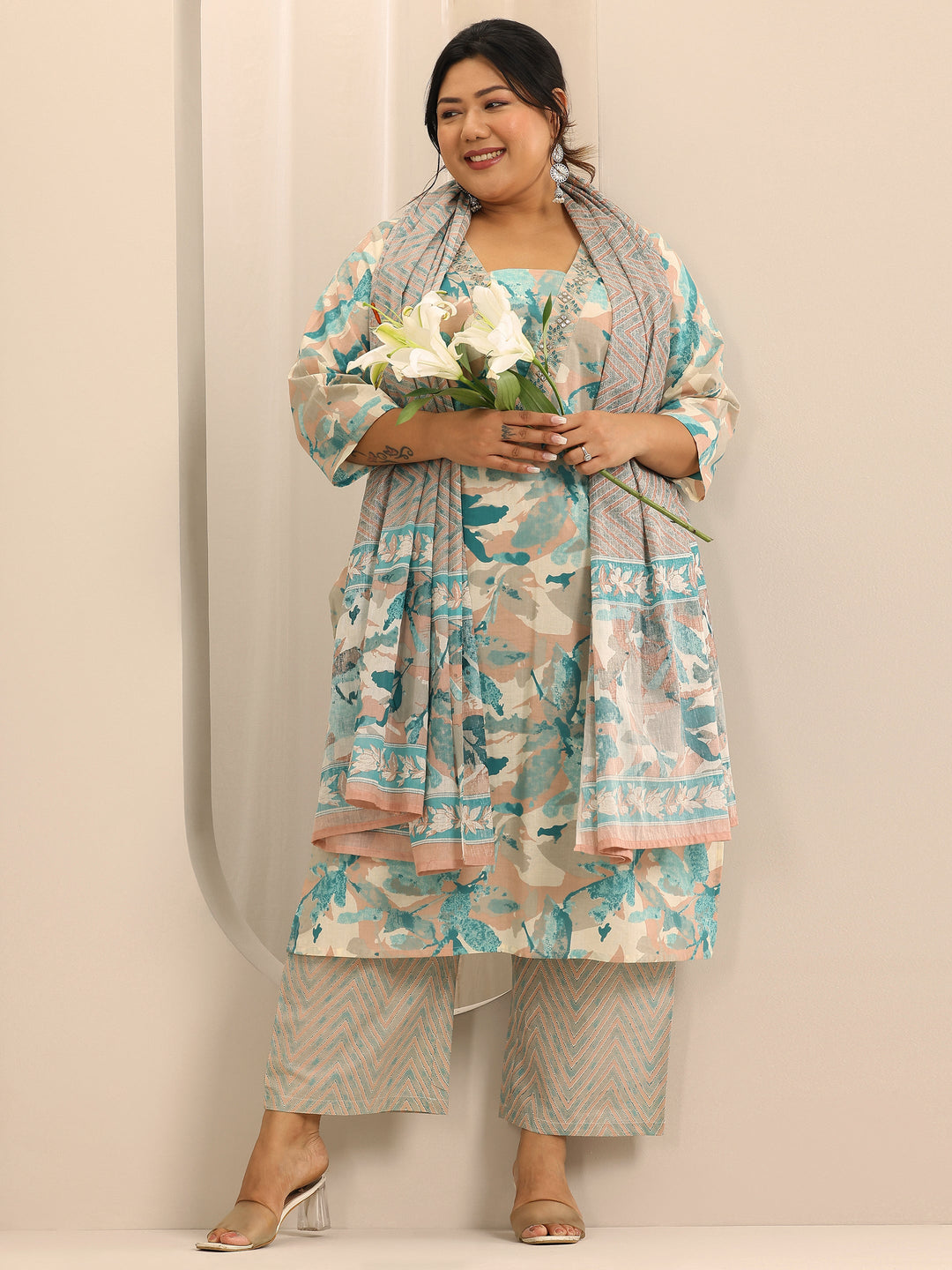 Plus Size Off White Printed Cotton Straight Suit Set With Dupatta