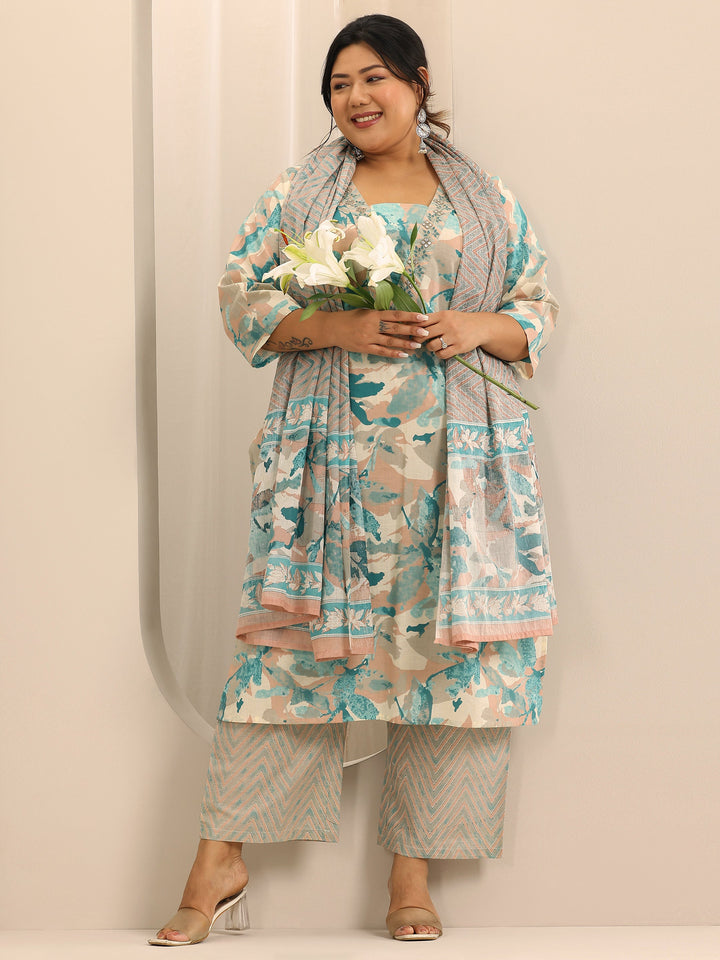 Plus Size Off White Printed Cotton Straight Suit Set With Dupatta