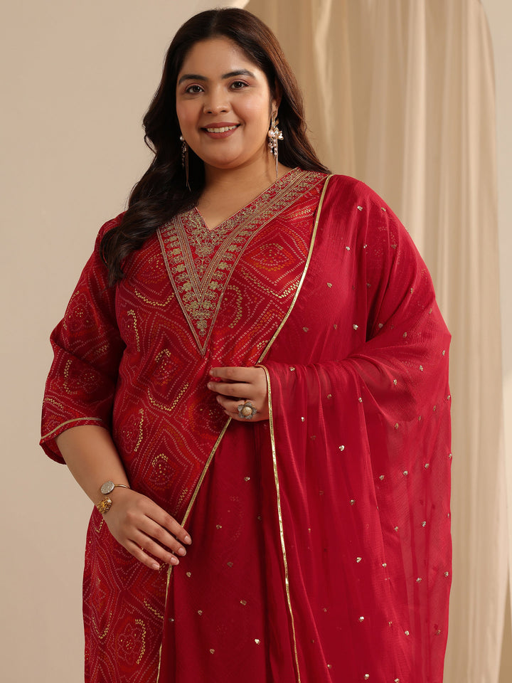 Red Bandhani Printed Silk blend Straight Suit Set With Dupatta