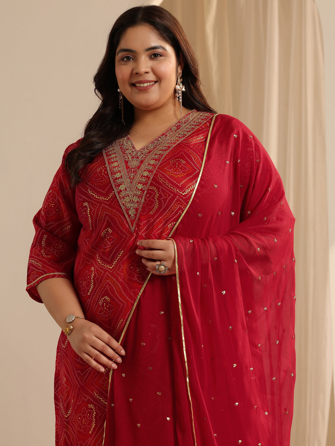 Red Bandhani Printed Silk blend Straight Suit Set With Dupatta