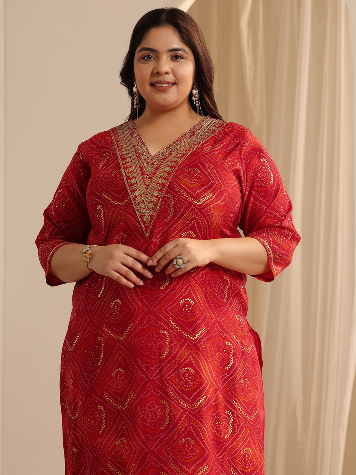 Red Bandhani Printed Silk blend Straight Suit Set With Dupatta