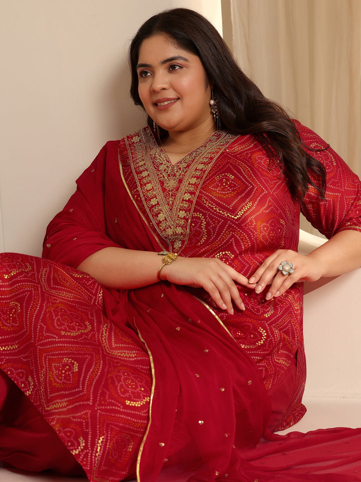 Red Bandhani Printed Silk blend Straight Suit Set With Dupatta