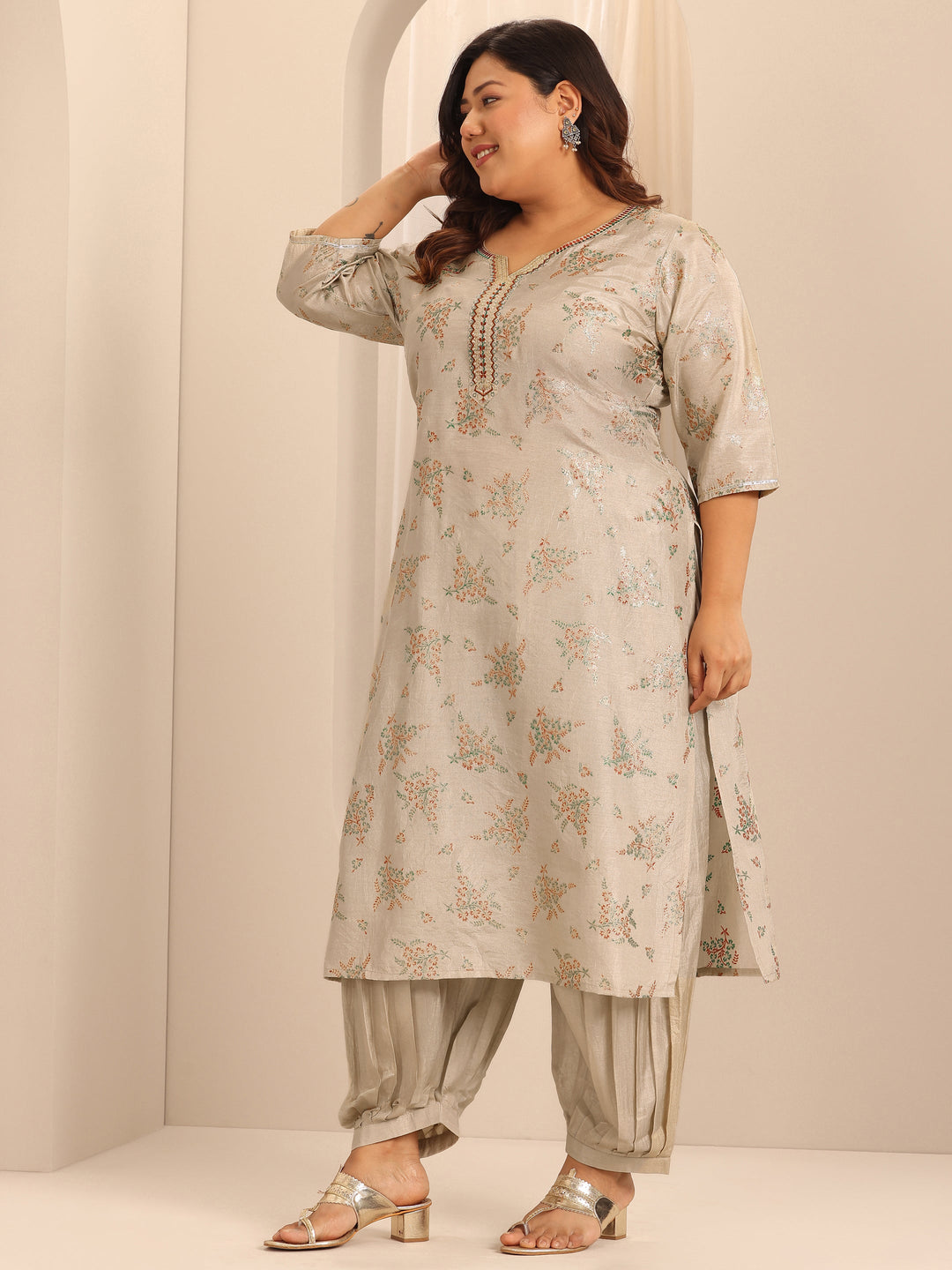 Plus Size Grey Printed Silk Blend Straight Suit Set With Dupatta