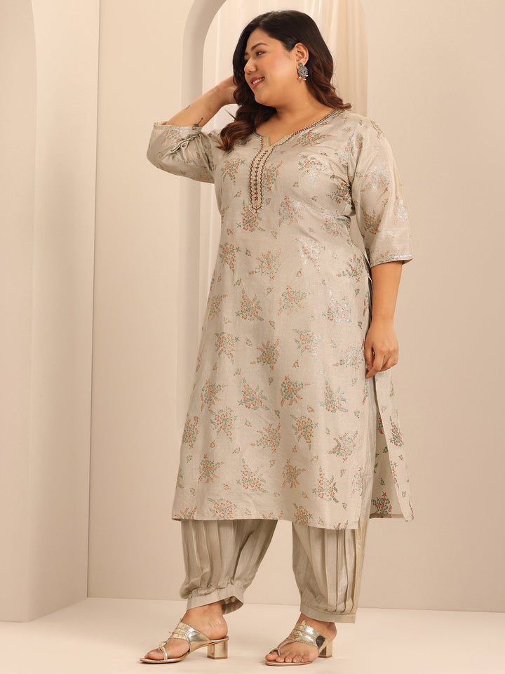 Plus Size Grey Printed Silk Blend Straight Suit Set With Dupatta