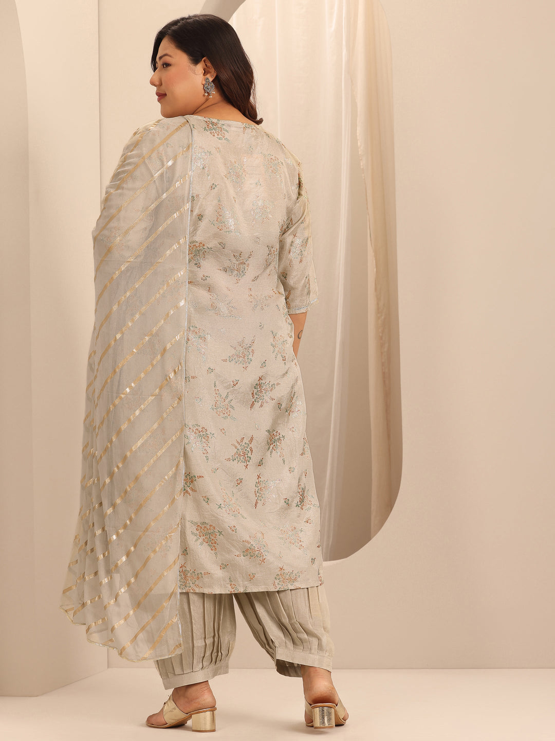 Plus Size Grey Printed Silk Blend Straight Suit Set With Dupatta