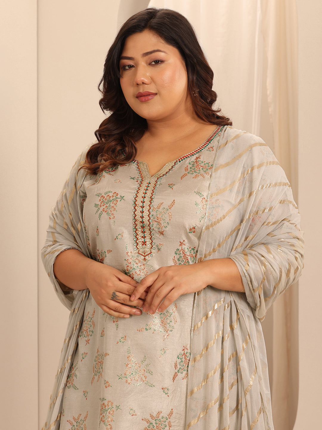 Plus Size Grey Printed Silk Blend Straight Suit Set With Dupatta