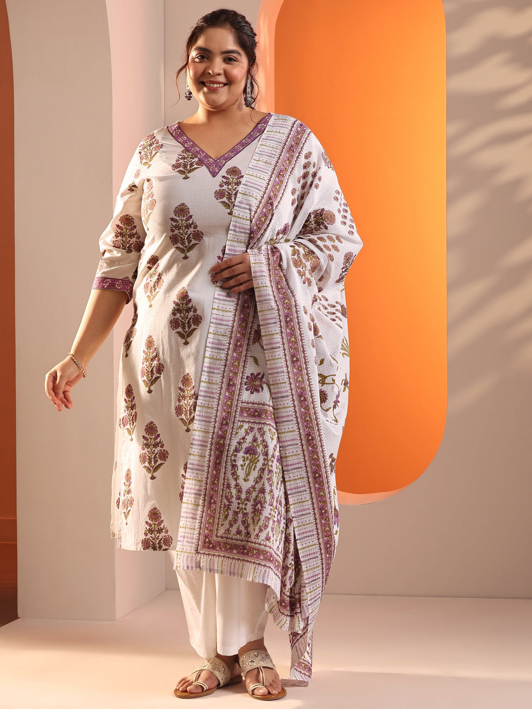 Plus Size White Yoke Design Cotton Straight Suit Set With Dupatta