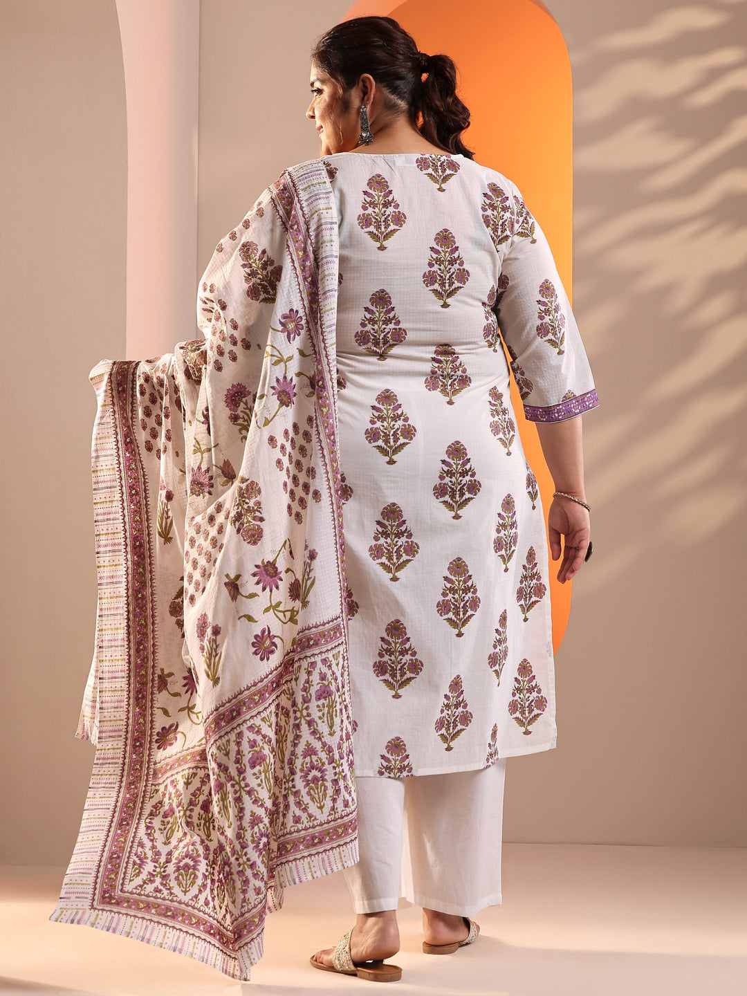 Plus Size White Yoke Design Cotton Straight Suit Set With Dupatta