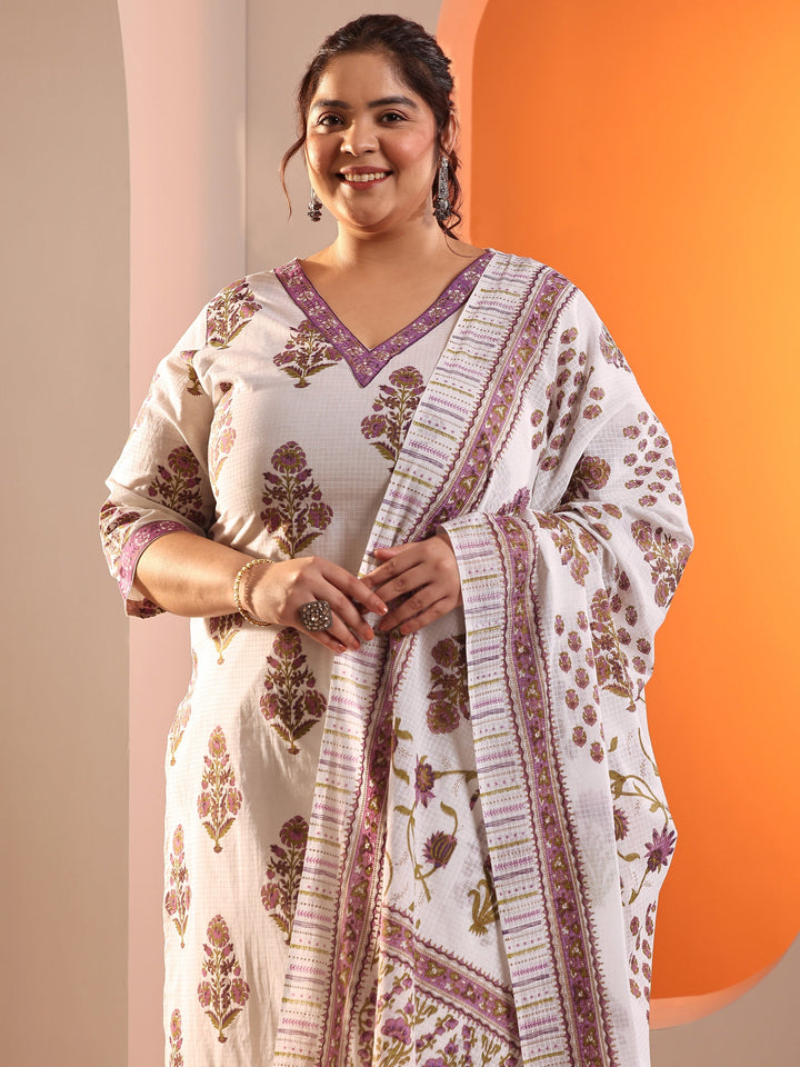 Plus Size White Yoke Design Cotton Straight Suit Set With Dupatta