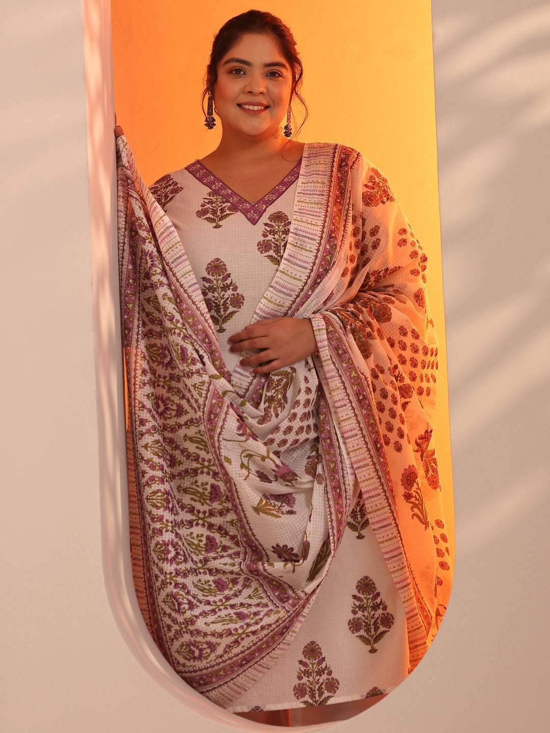 Plus Size White Yoke Design Cotton Straight Suit Set With Dupatta