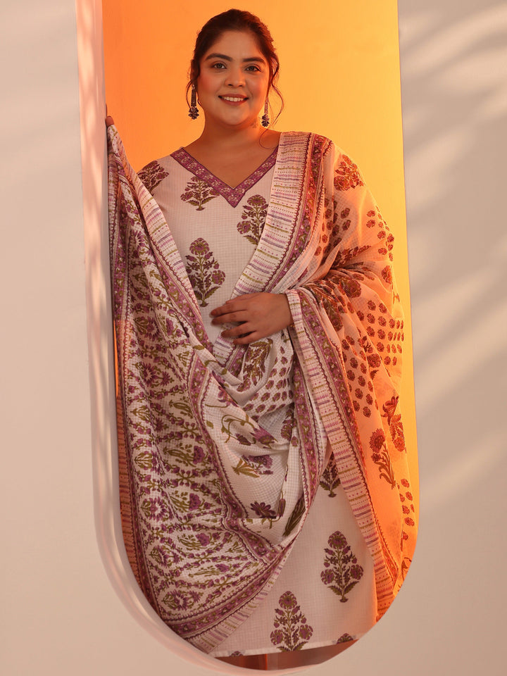 Plus Size White Yoke Design Cotton Straight Suit Set With Dupatta
