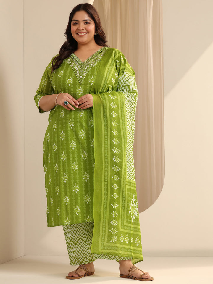 Green Printed Cotton Straight Suit Set With Dupatta