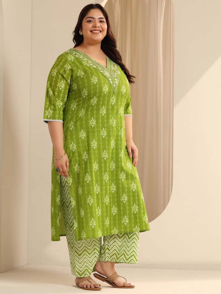 Green Printed Cotton Straight Suit Set With Dupatta