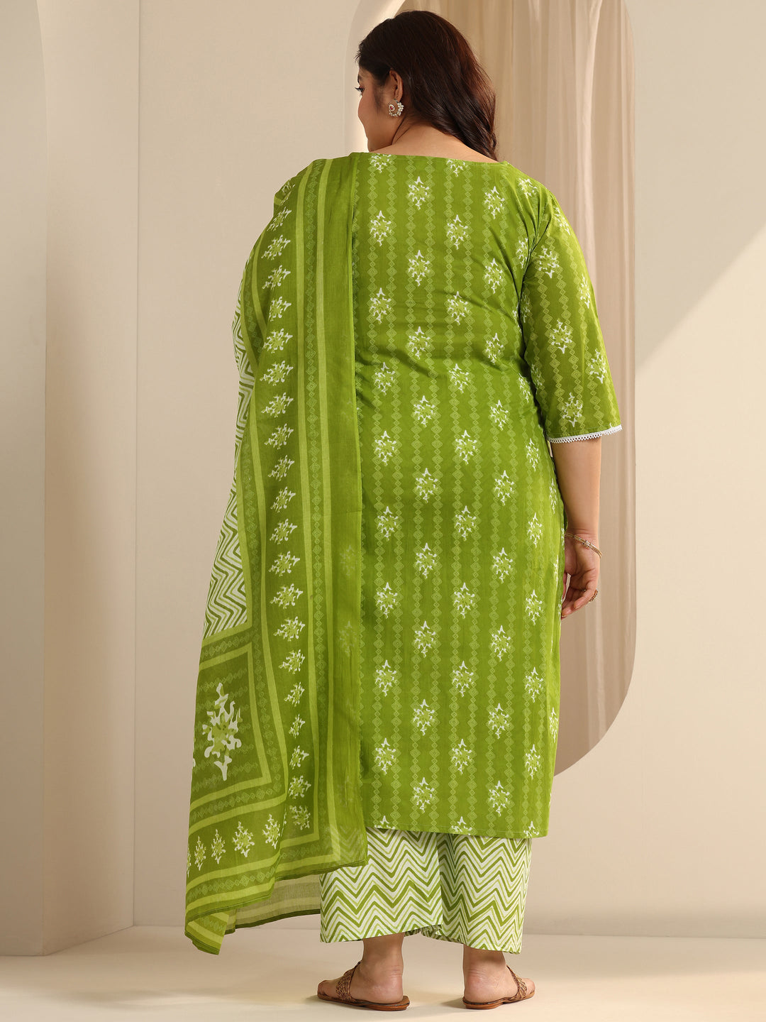 Green Printed Cotton Straight Suit Set With Dupatta