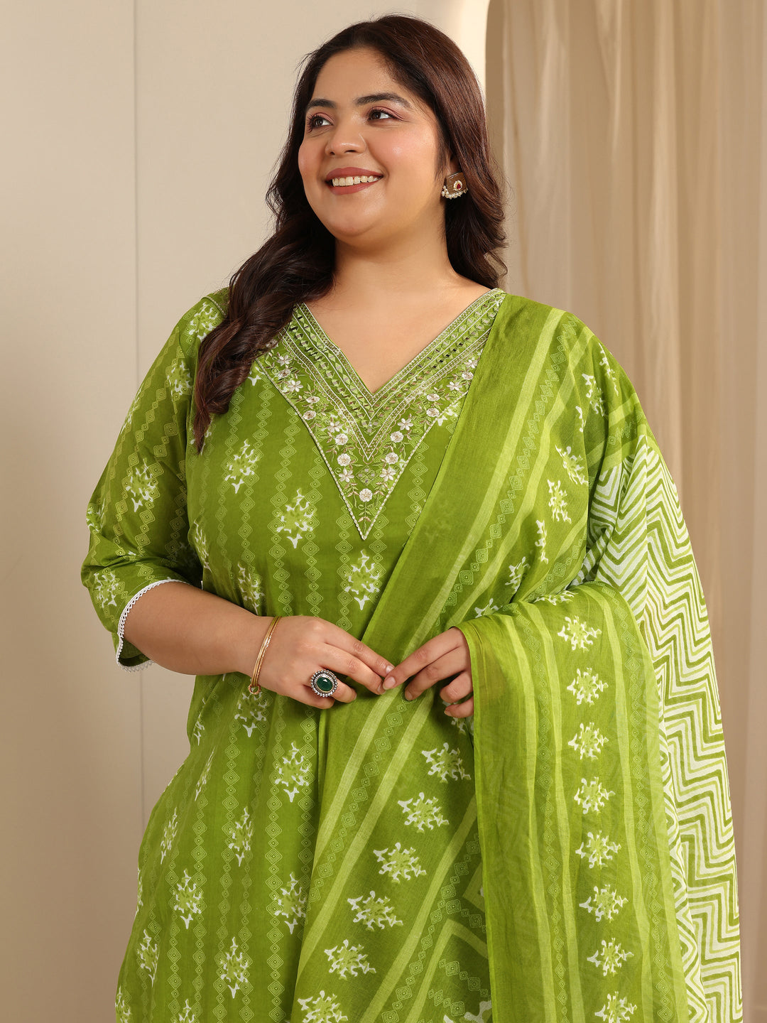 Green Printed Cotton Straight Suit Set With Dupatta